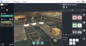 Screenshot from Harpy VTT platform. In the center a battlemap in a 3D view with 3 paper tokens on it. On the right a chat with several dice rolls. On the left a list of scenes