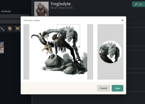An image of a Troglodyte has been uploaded and is now being cropped. On the right a panel show a preview of the flat token