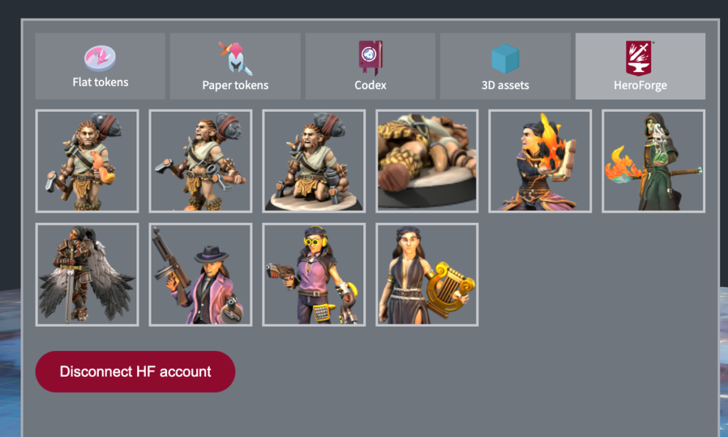 Screenshot of the HeroForge miniatures inside the tokens menu of Harpy